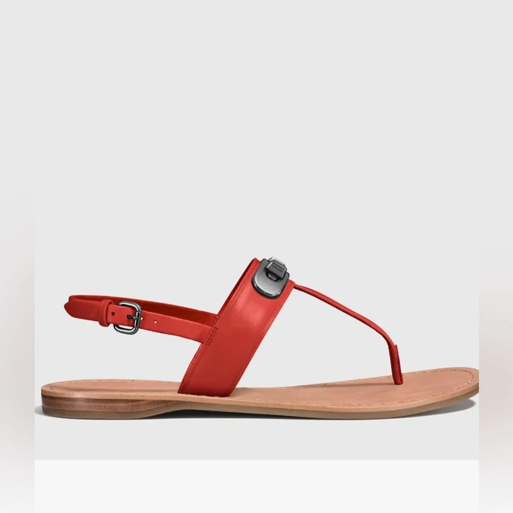 Coach Gracie Swagger Orange-Rust Orange Turn Lock Leather T Strap Sandals. - Picture 4 of 14